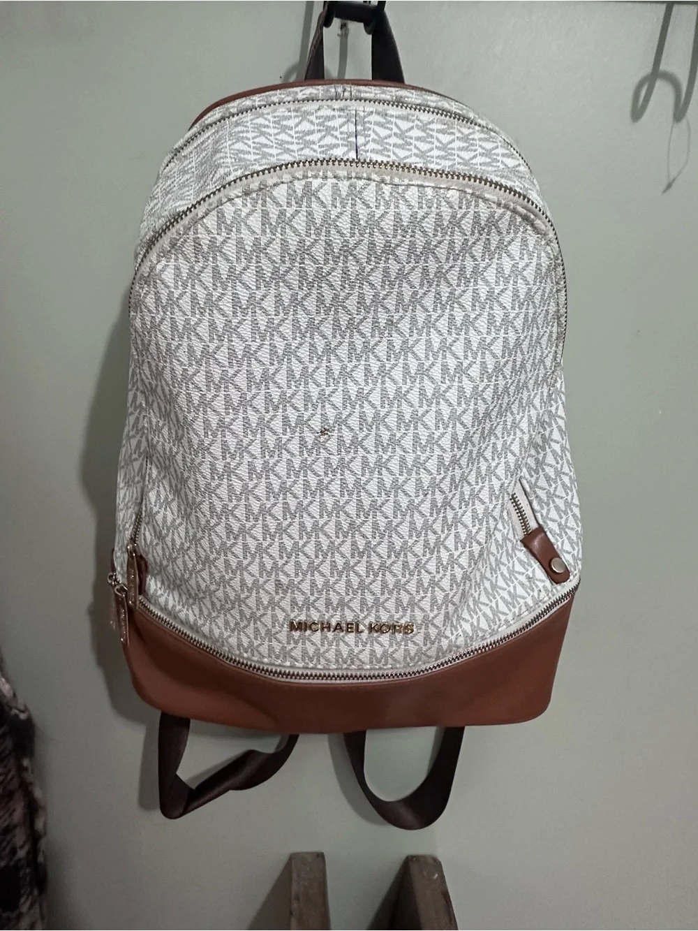 Michael Kors White Monogram Canvas Backpack with Brown Trim